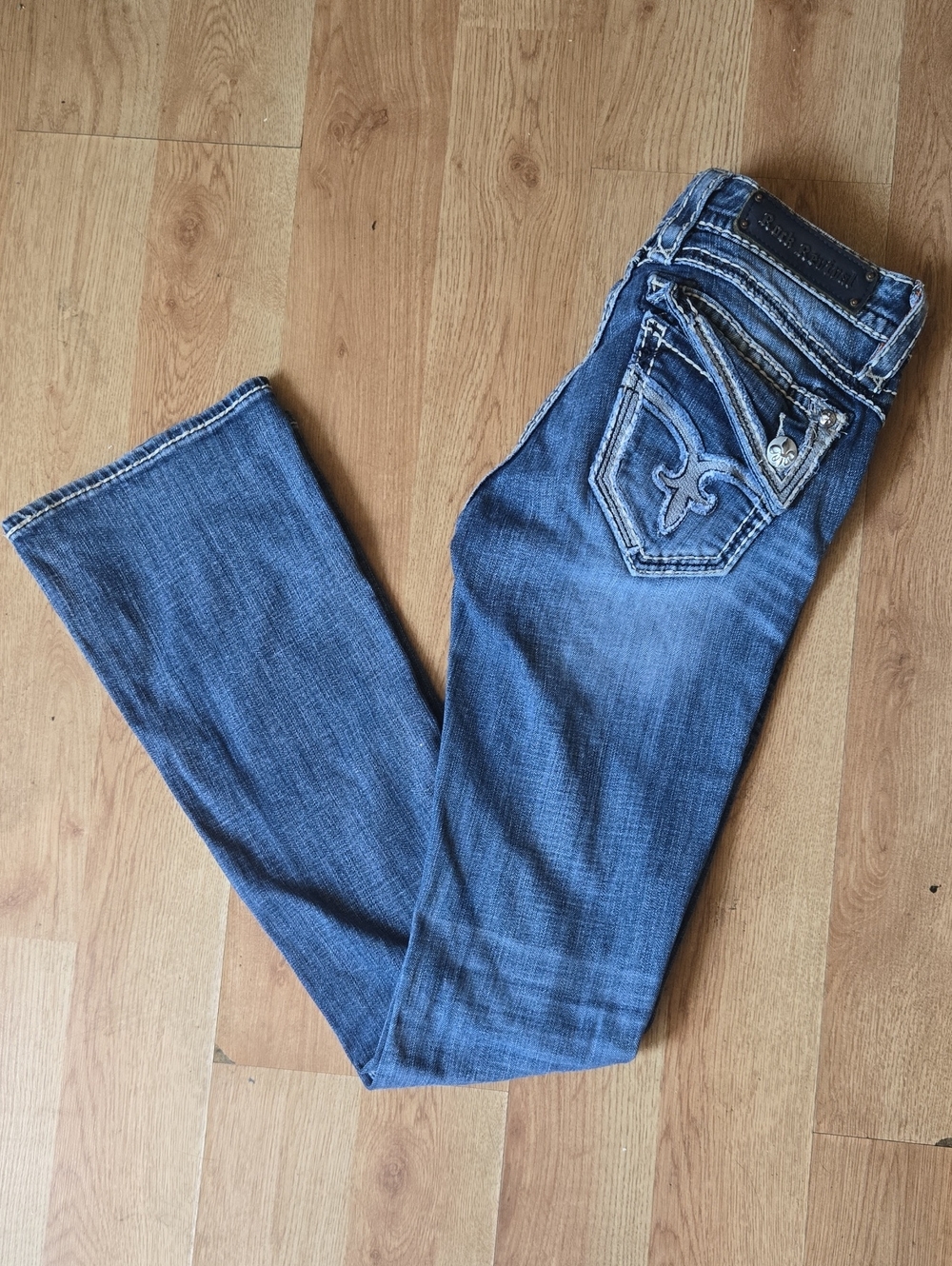 Rock Revival Women's Medium Blue Boot Cut Jeans with Embroidered Pockets